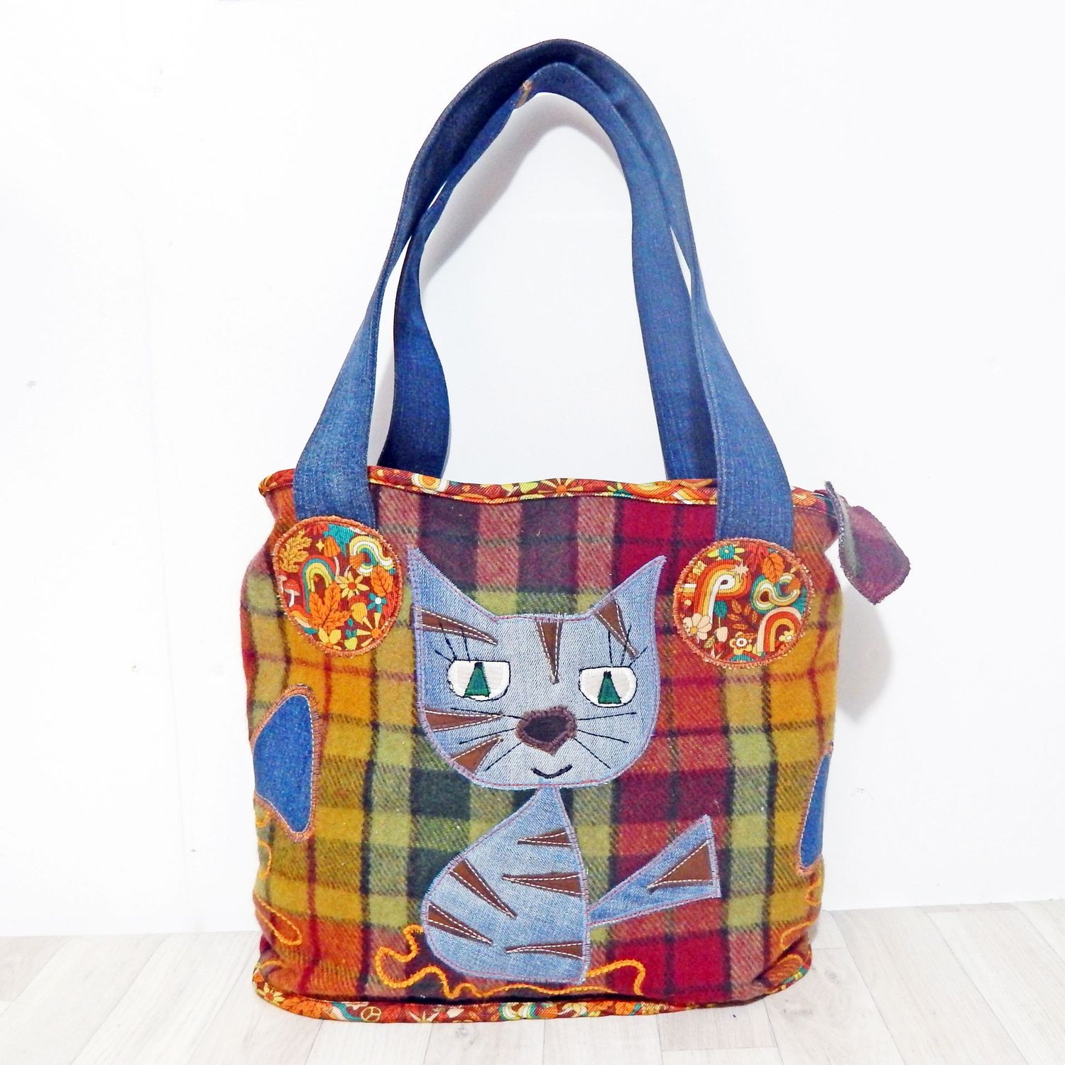 Cat Plaid Tote Zip Bag