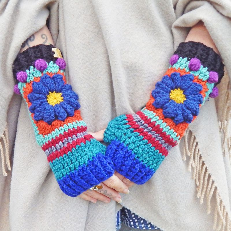 Fingerless Gloves Royal Blue Flower