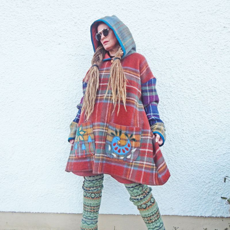 Folk Bird Plaid Blanket Wool Tunic