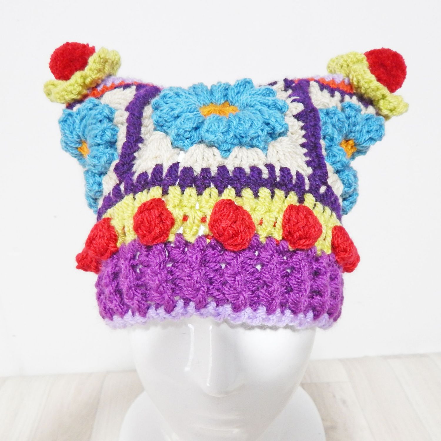 Beanie Hat Mid Blue Flower Beanie Hat Mid Blue Flower