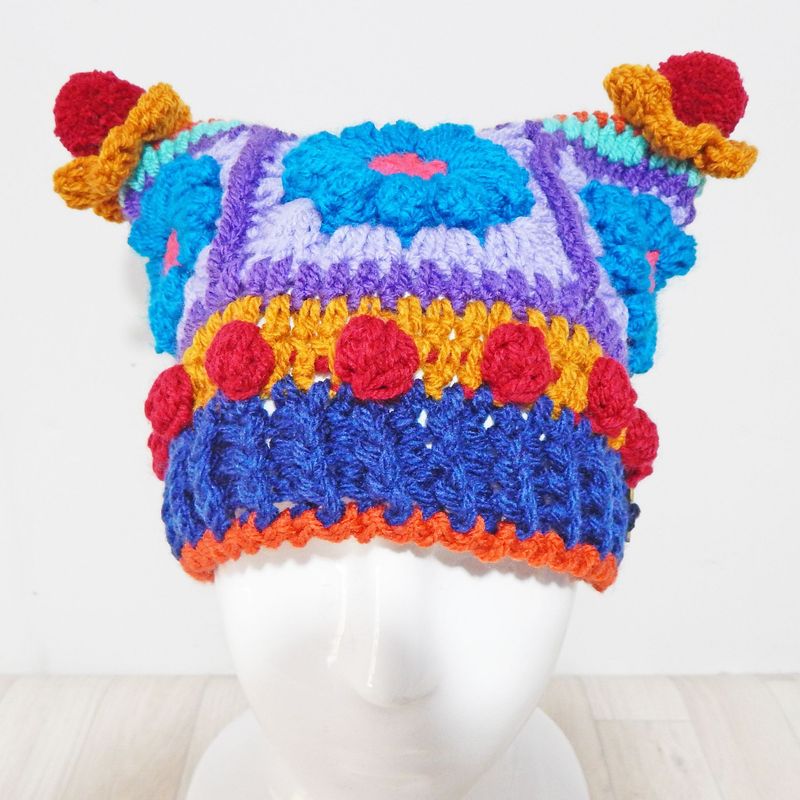 Flower Beanie Hat Red Pom Poms