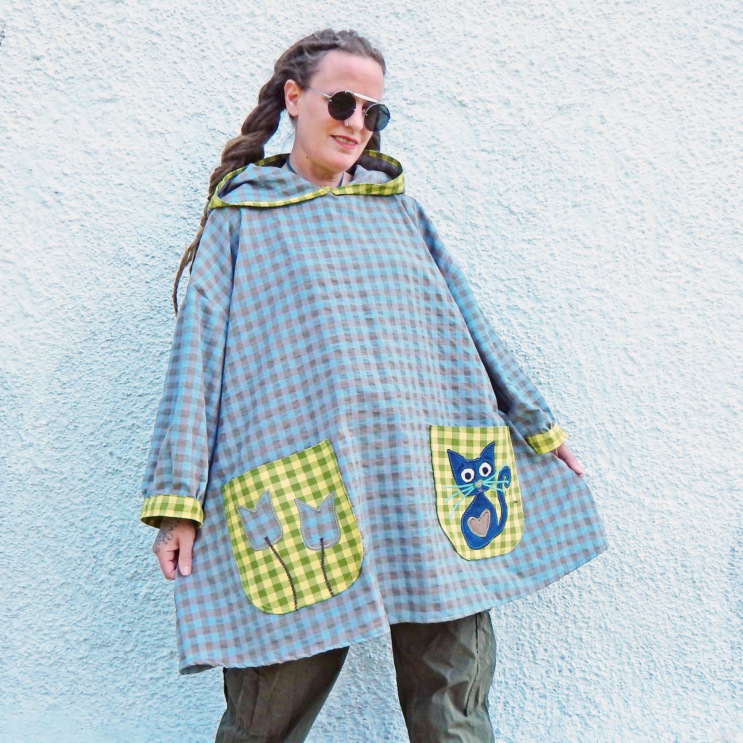 SOLD Hoodie Gingham Cat Tunic