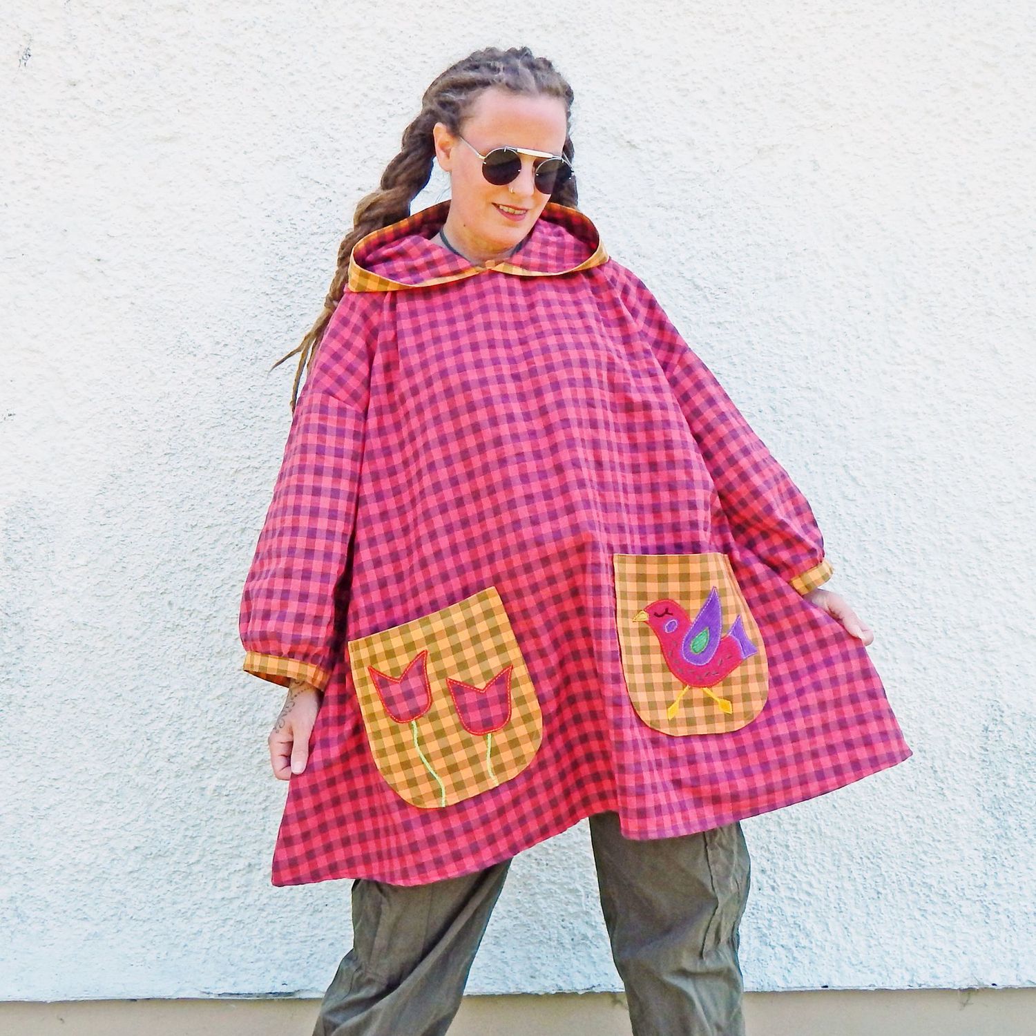 SOLD Hoodie Gingham Bird Tunic