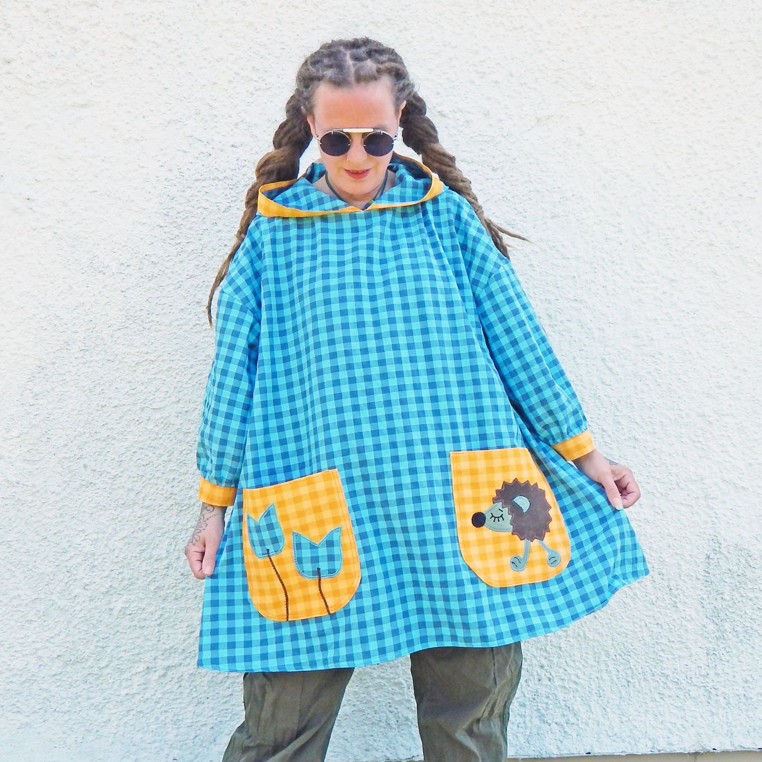 SOLD Hoodie Gingham Hedgehog Tunic