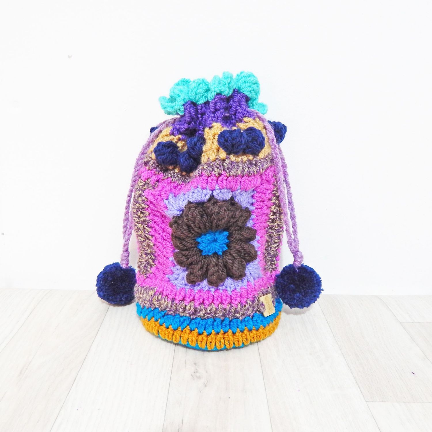 SOLD Crochet Pouch Dark Brown Flower