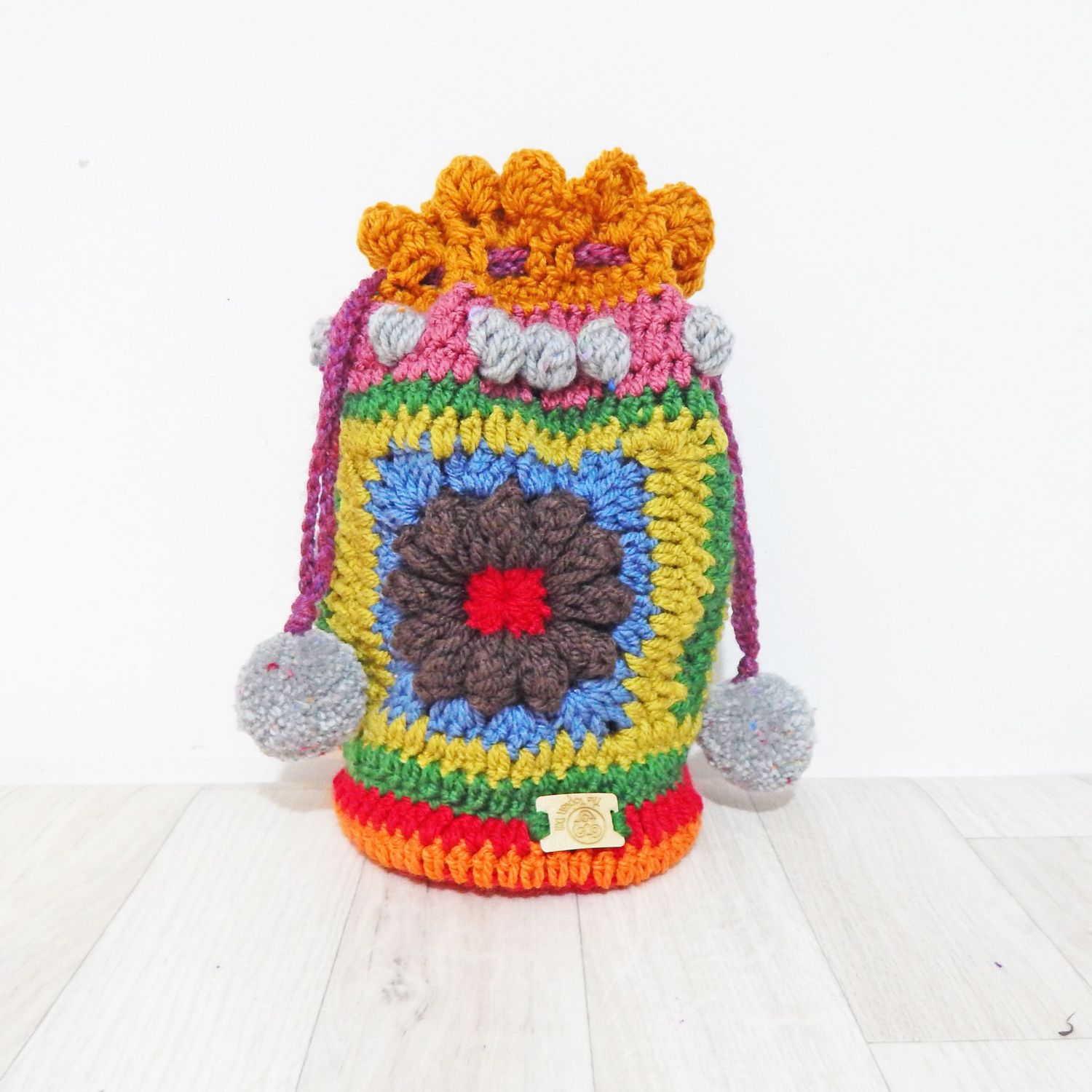 SOLD Crochet Pouch Brown Flower