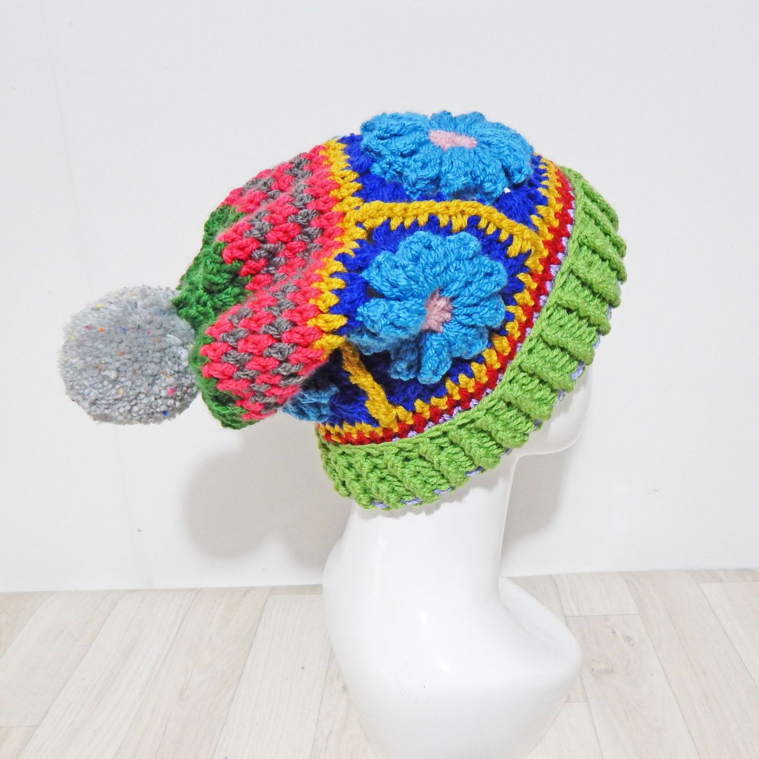 SOLD Bobble Hat Blue Flower