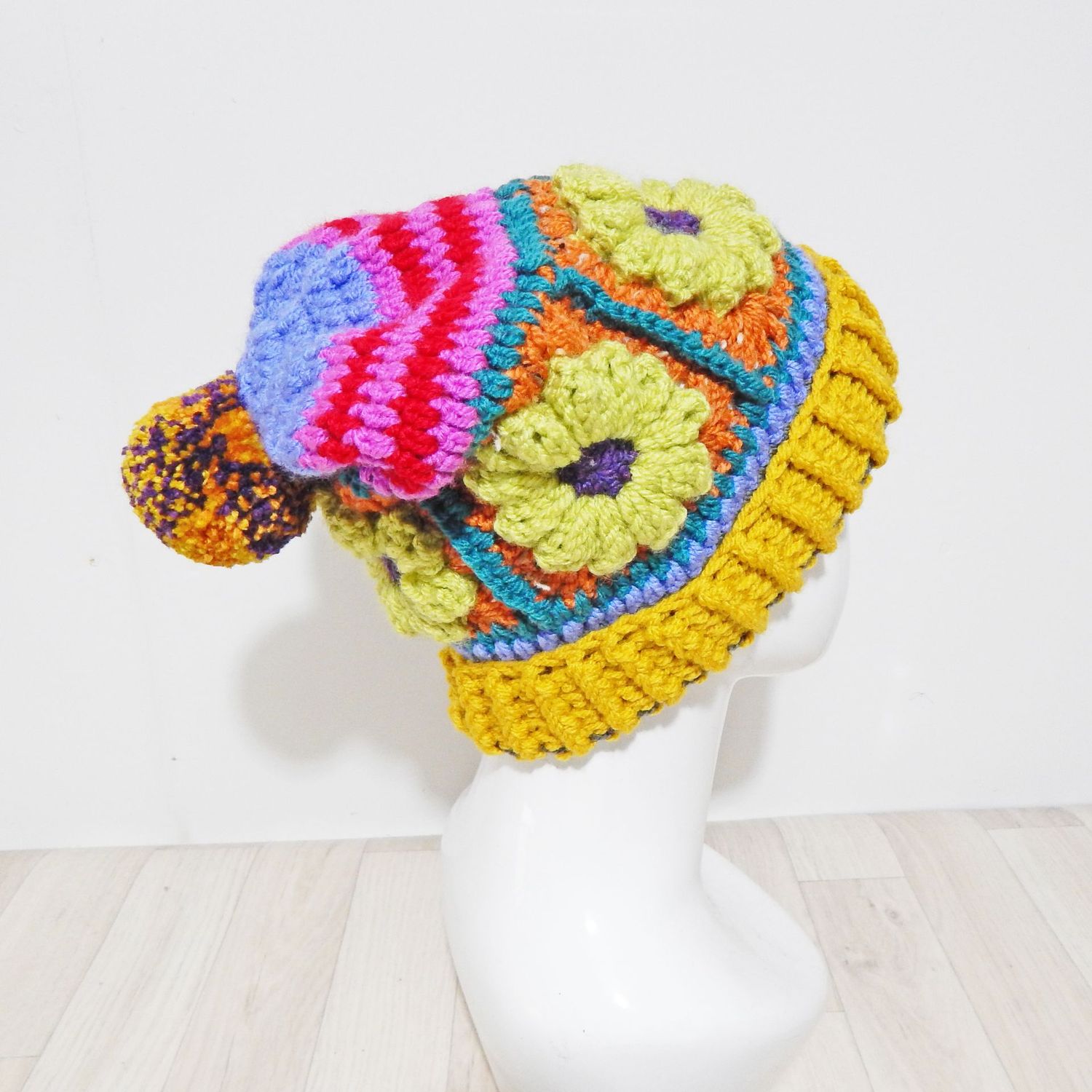 SOLD Bobble Hat Lime Green Flower