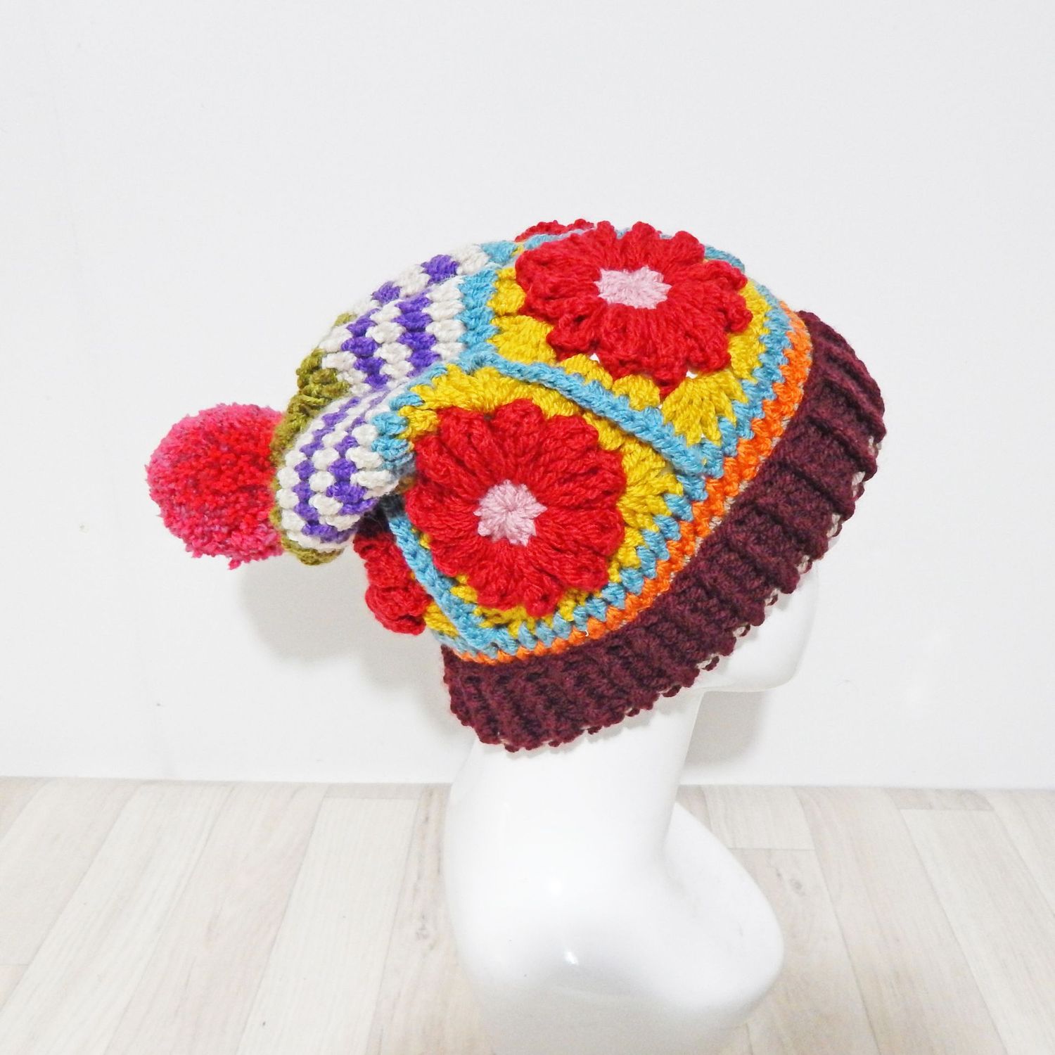 SOLD Bobble Hat Ruby Red Flower