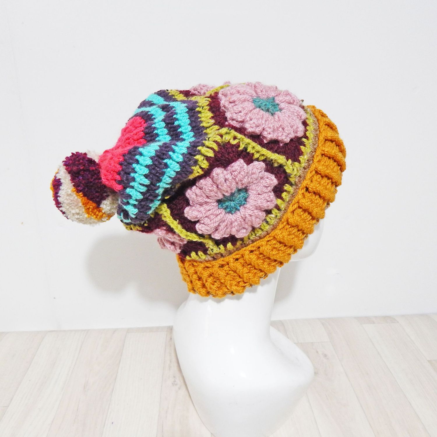 SOLD Bobble Hat Pale Pink Flower SOLD Bobble Hat Pale Pink Flower