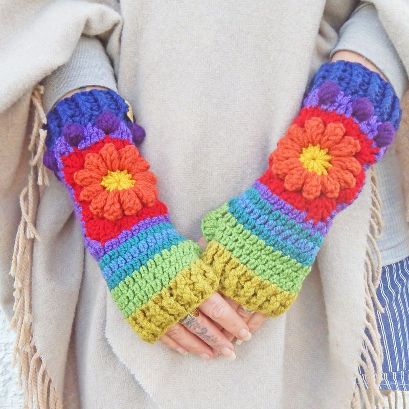 SOLD Fingerless Gloves Rainbow Flower