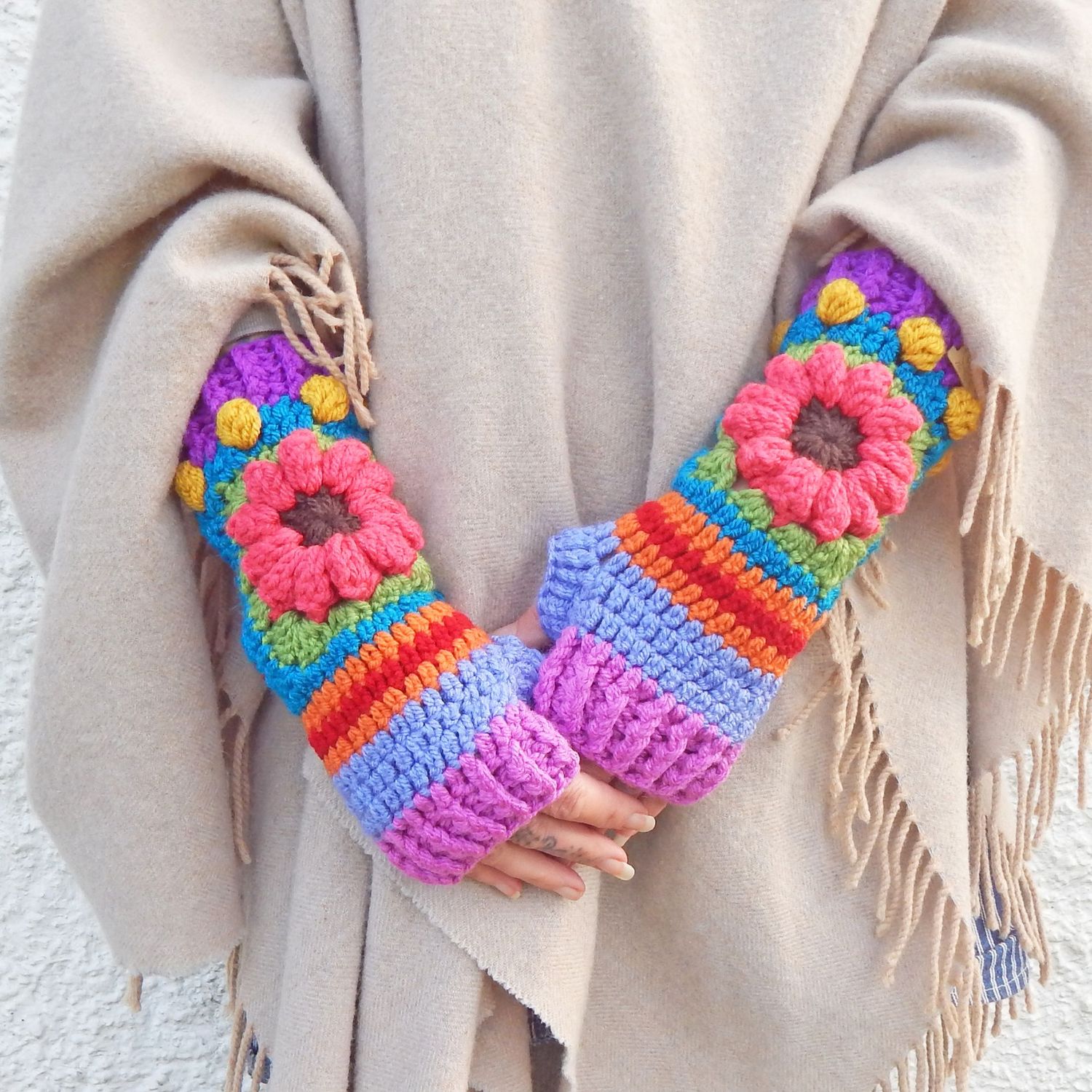 SOLD Fingerless Gloves Bright Pink Flower