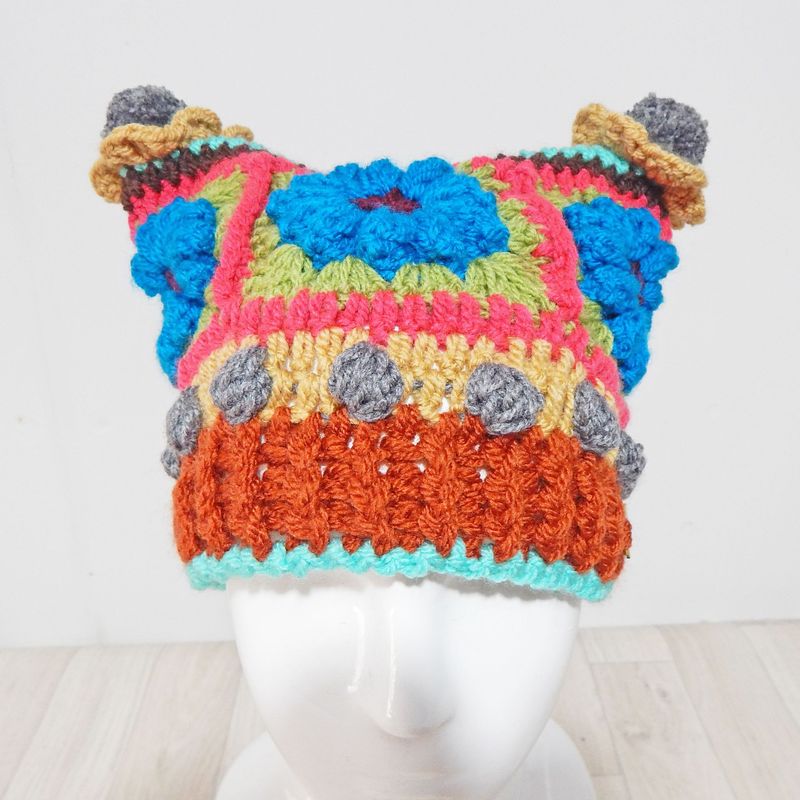 SOLD Flower Beanie Hat Grey Pom Poms