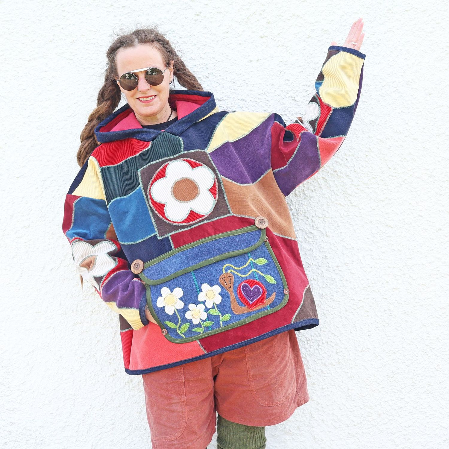 Corduroy Patchwork Pocket Snail Hoodie