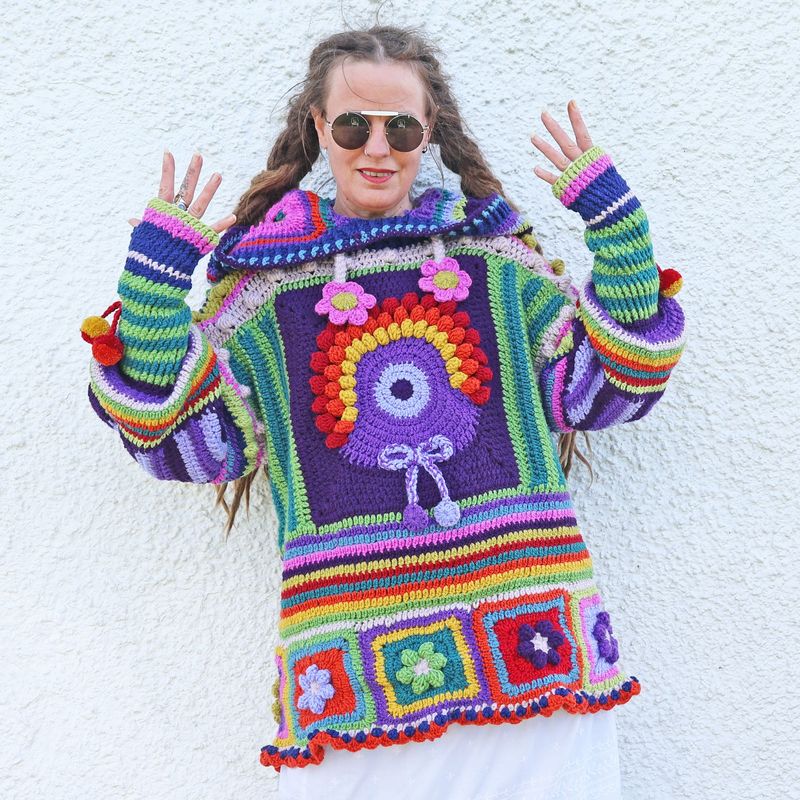SOLD Crochet Rainbow Flower Hooded Sweater