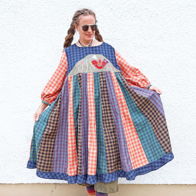 SOLD Gingham Folk Bird Dress