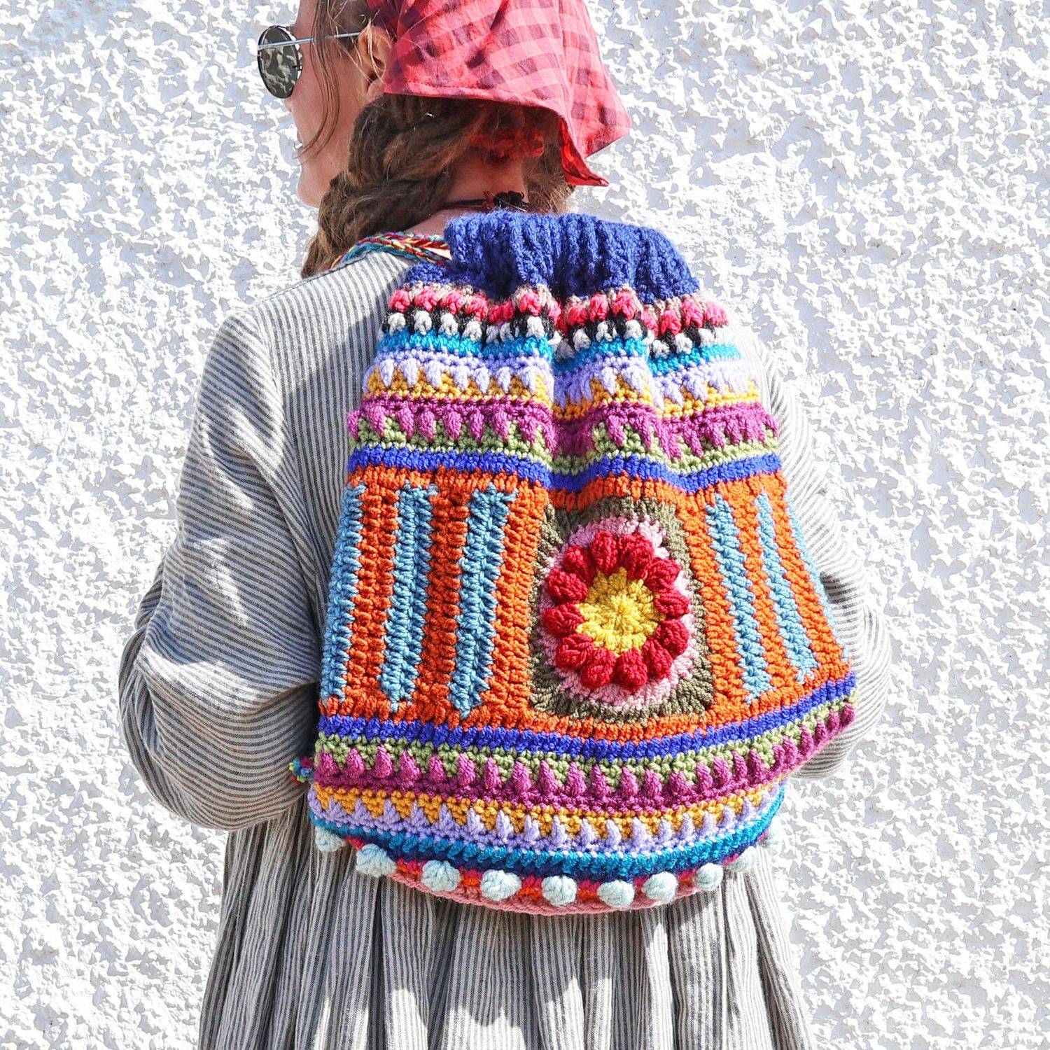 Crochet Backpack Red Flower