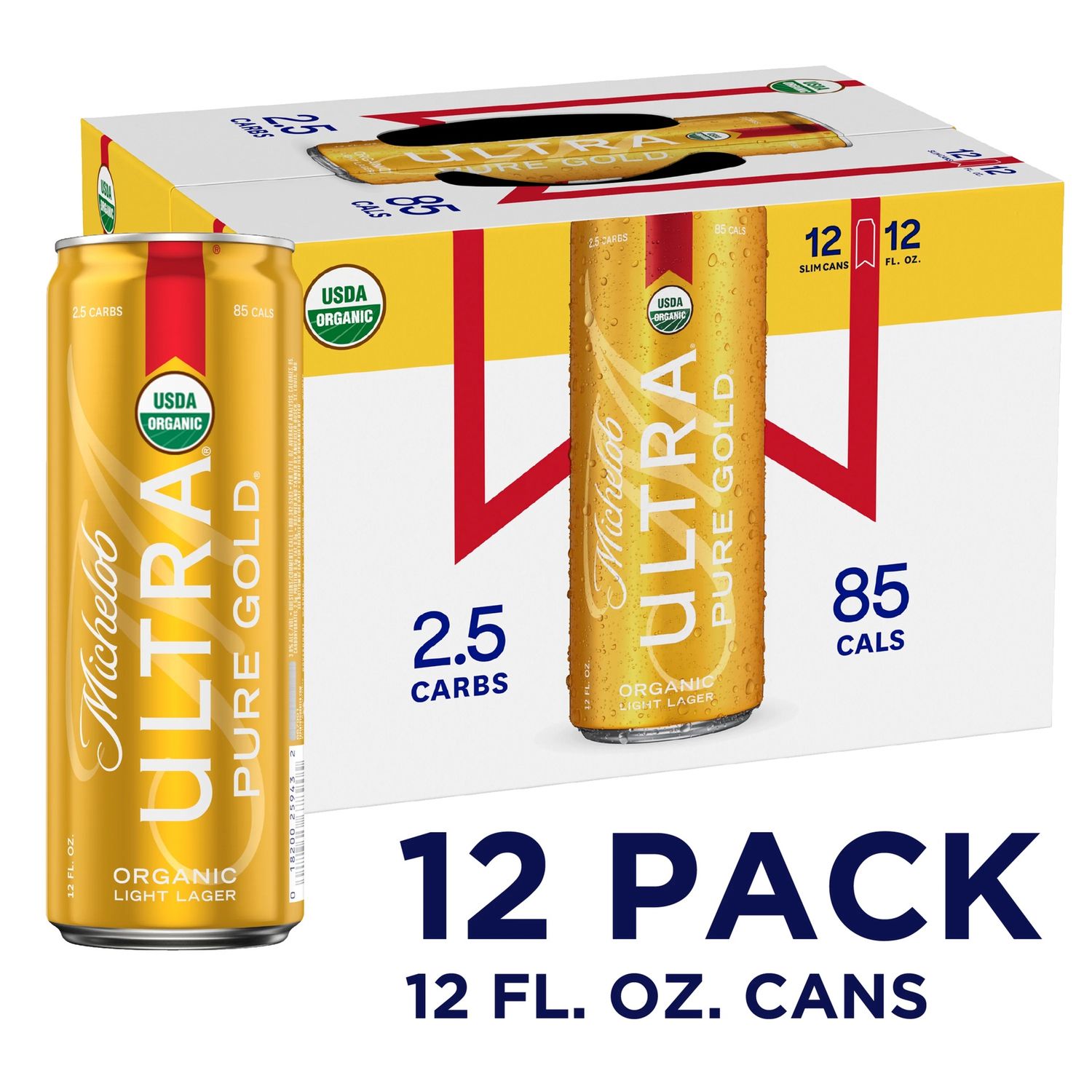 Michelob ULTRA Pure Gold Organic Light Lager, 12 Pack Beer, 12 FL OZ Cans, 3.8% ABV