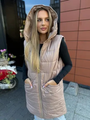 Długa kamizelka z kapturem i zamkami po bokach