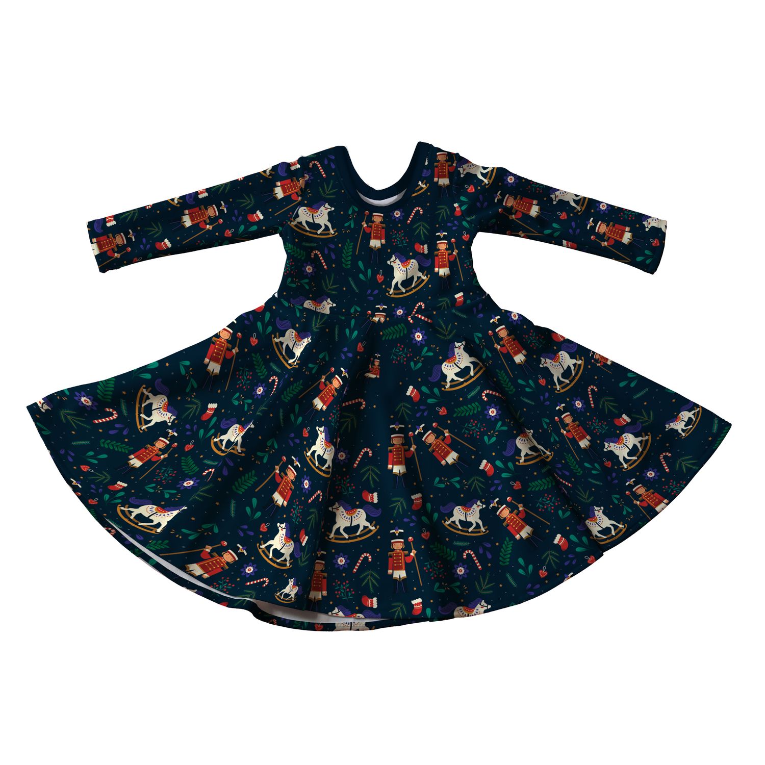 Christmas Nutcrackers Print Full Skirt Skater Dress with Sleeves - Handmade Children&#39;s Dress