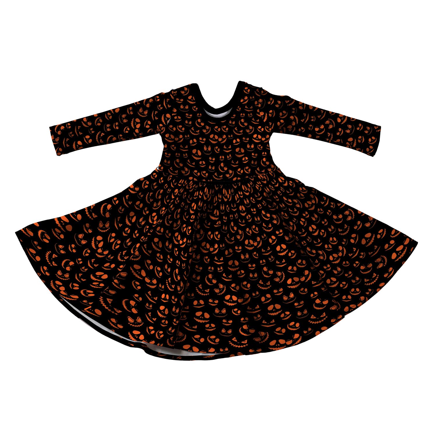 Black Halloween Pumpkin Full Skirt Skater Dress with Sleeves - Handmade Children&#39;s Dress