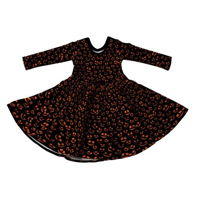 Black Halloween Pumpkin Full Skirt Skater Dress with Sleeves - Handmade Children&#39;s Dress