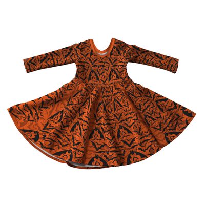 Orange Bats Halloween Full Skirt Skater Dress with Sleeves - Handmade Children&#39;s Dress