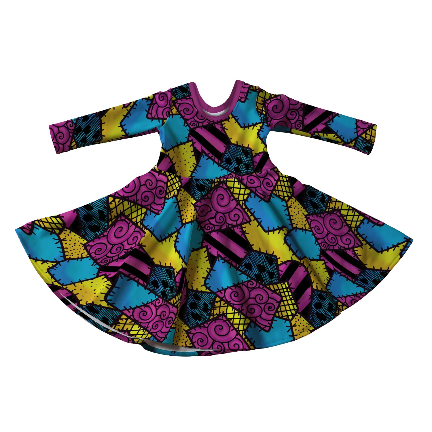 Nightmare Sally Pattern Halloween Full Skirt Skater Dress with Sleeves - Handmade Children&#39;s Dress