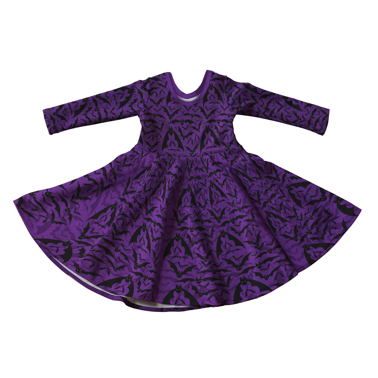 Purple Bats Halloween Full Skirt Skater Dress with Sleeves - Handmade Children&#39;s Dress