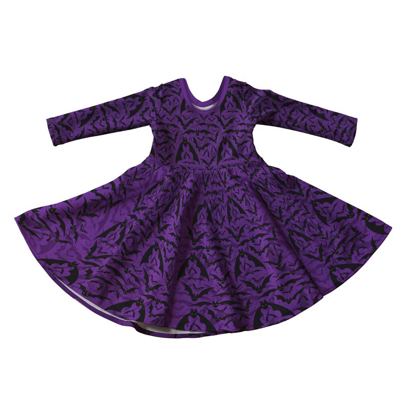 Purple Bats Halloween Full Skirt Skater Dress with Sleeves - Handmade Children&#39;s Dress