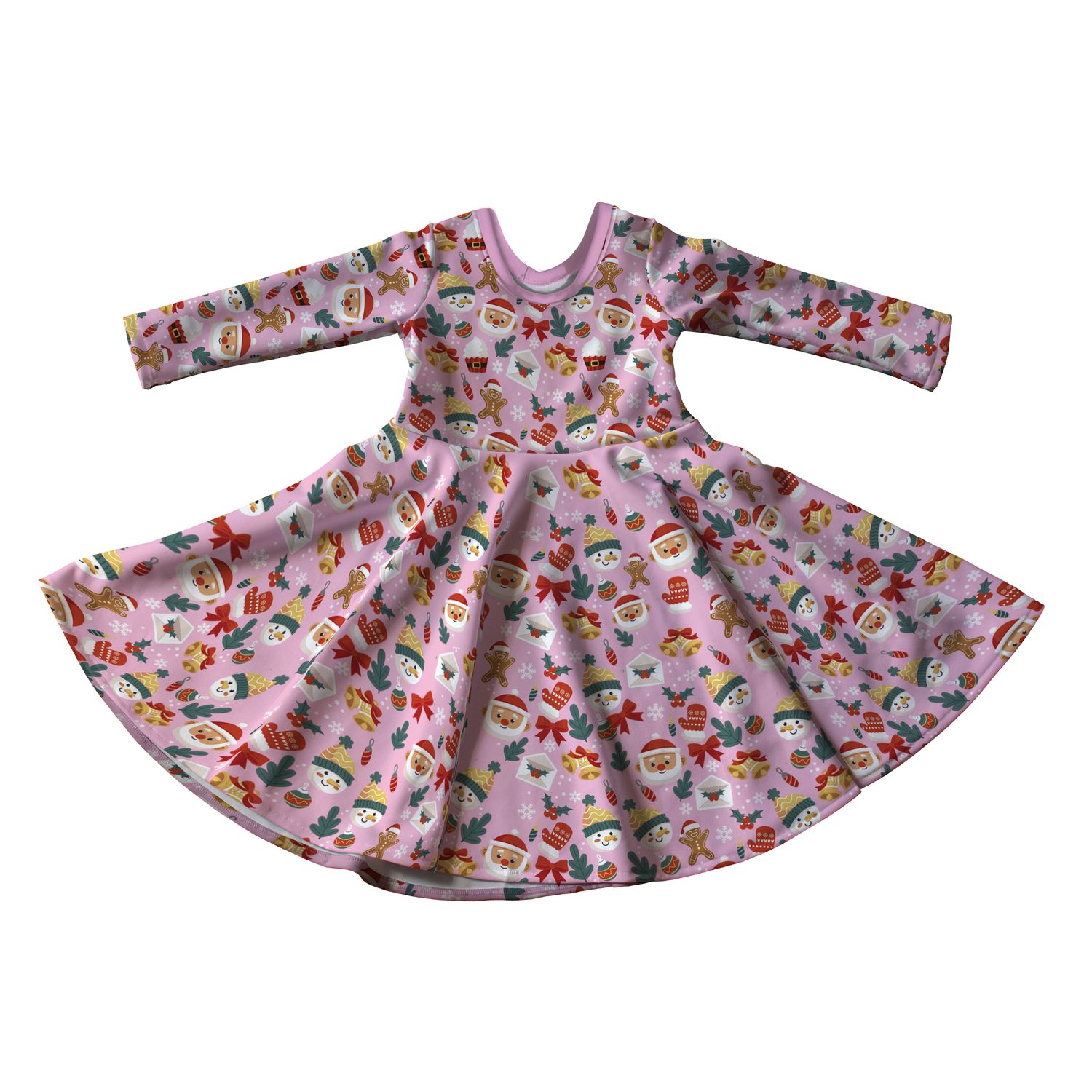Pink Christmas Print Full Skirt Skater Dress with Sleeves - Handmade Children&#39;s Dress