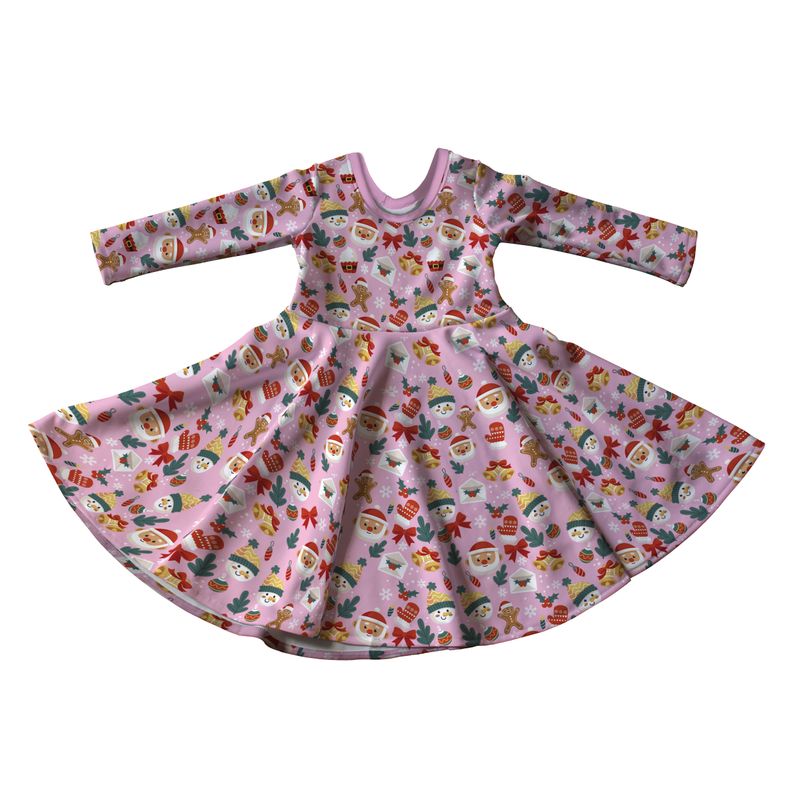 Pink Christmas Print Full Skirt Skater Dress with Sleeves - Handmade Children&#39;s Dress