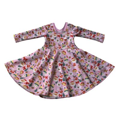Pink Christmas Print Full Skirt Skater Dress with Sleeves - Handmade Children&#39;s Dress