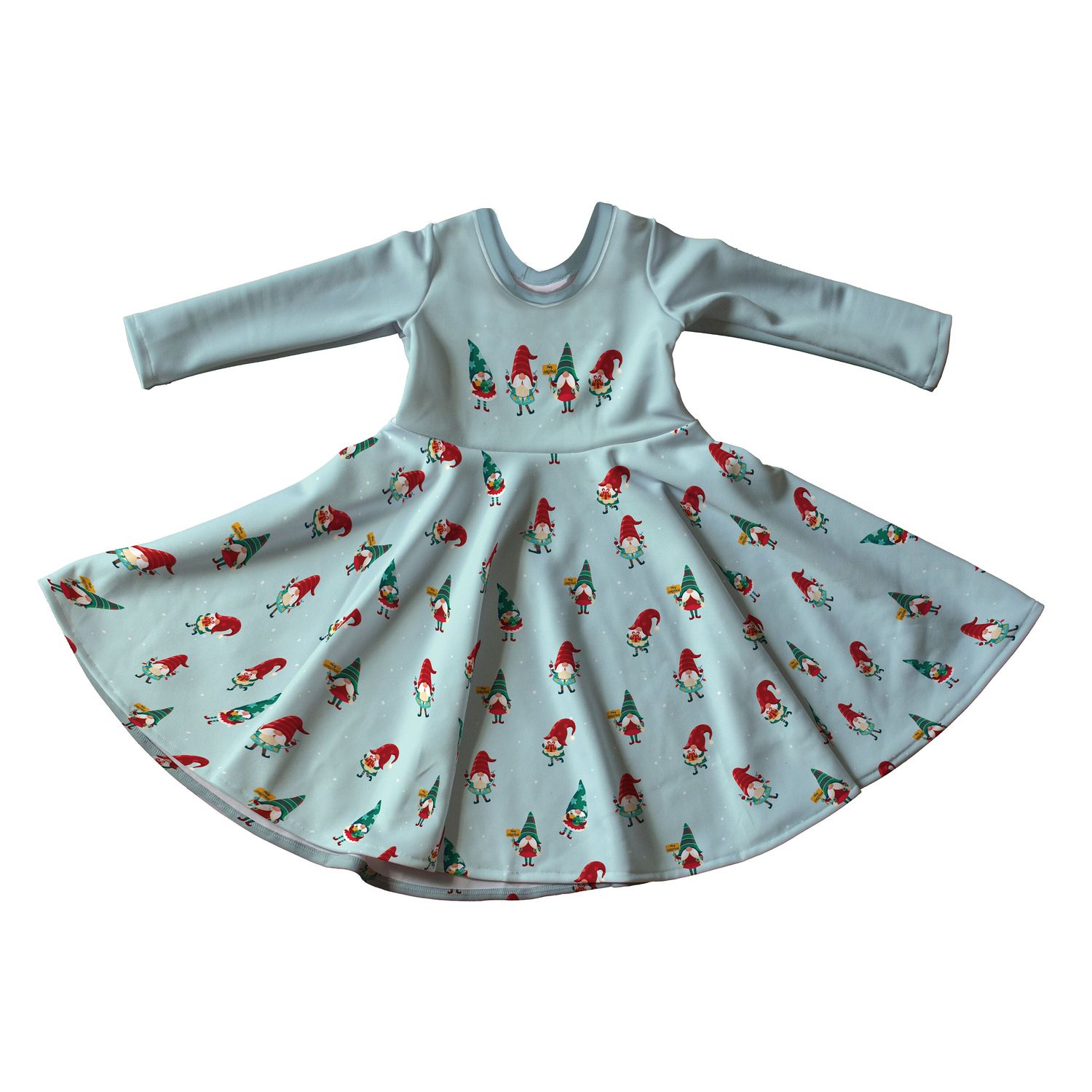 Christmas Gnomes Print Full Skirt Skater Dress with Sleeves - Handmade Children&#39;s Dress