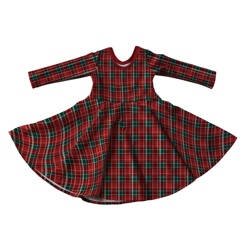Red Plaid Christmas Full Skirt Skater Dress with Sleeves - Handmade Children&#39;s Dress