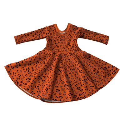 Orange Halloween Pumpkin Full Skirt Skater Dress with Sleeves - Handmade Children&#39;s Dress