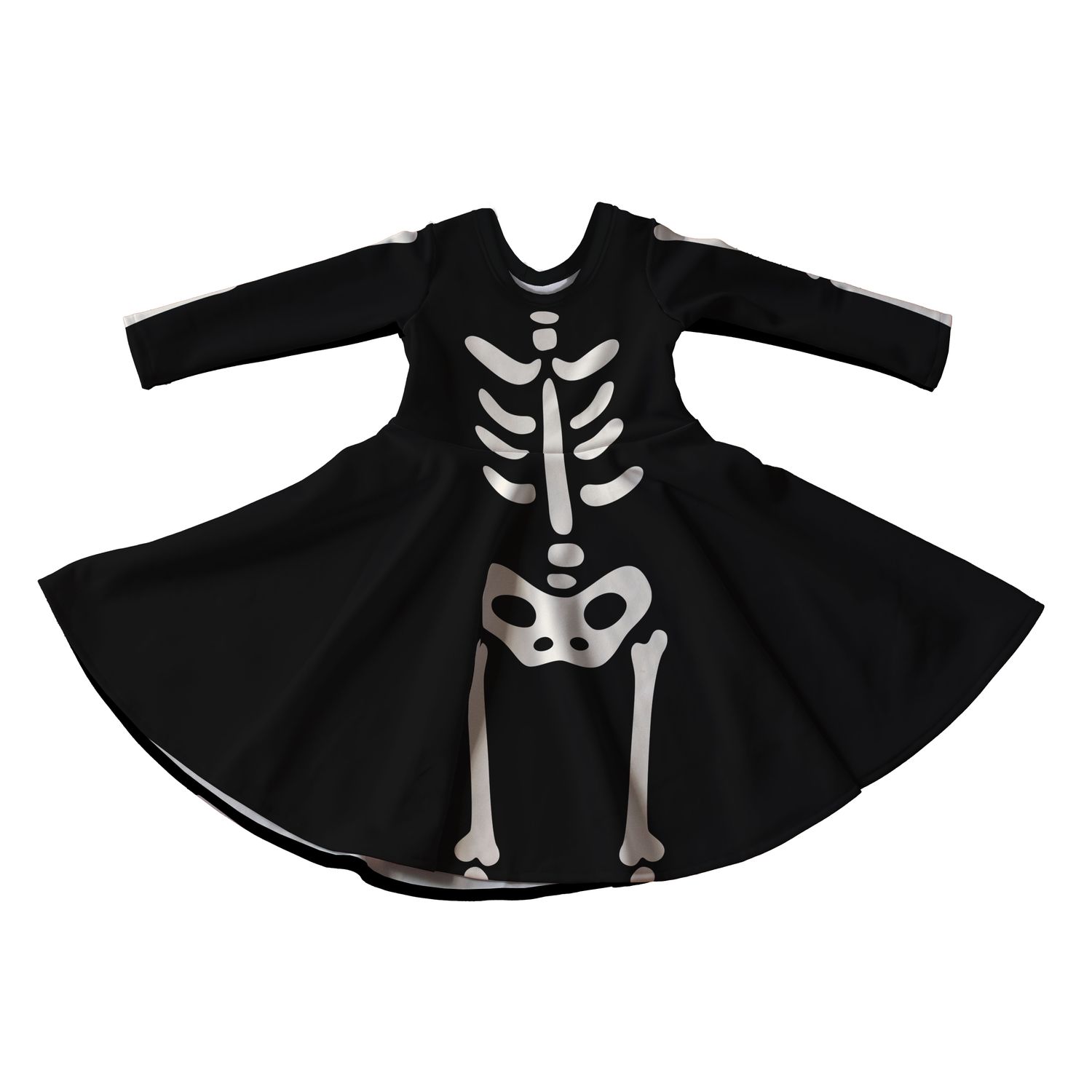 Black Halloween Skeleton Full Skirt Skater Dress with Sleeves - Handmade Children&#39;s Dress