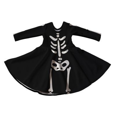 Black Halloween Skeleton Full Skirt Skater Dress with Sleeves - Handmade Children&#39;s Dress