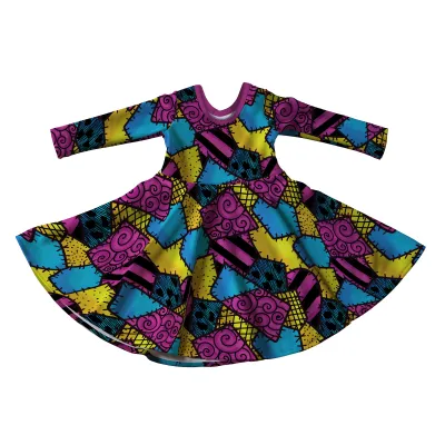 Nightmare Sally Pattern Halloween Full Skirt Skater Dress with Sleeves - Handmade Children's Dress