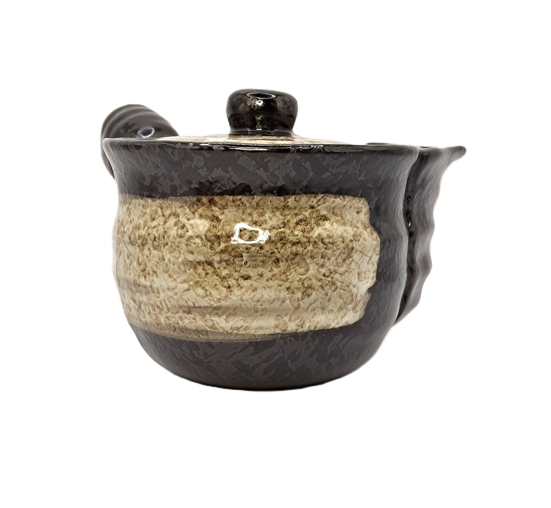 Japan-Teekanne mit seitlichem Griff. Braun, weißer Pinselstrich