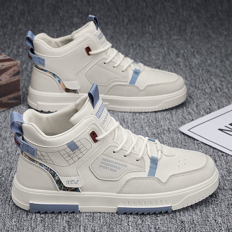 Men’s new breathable high top shoes for male students, trendy and versatile white shoes, thick soled sports and leisure board shoes