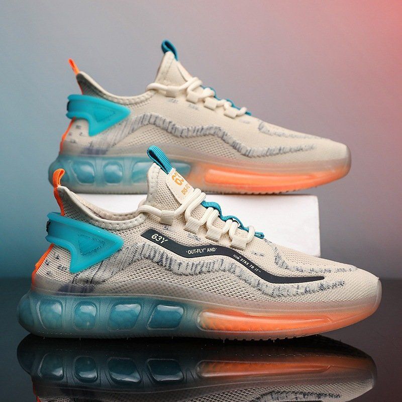 New Running Shoes Jelly Bottom Rainbow Casual Shoes Flying Woven Mesh Breathable Sports Men’s Shoes