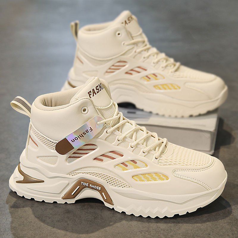 Autumn men’s new breathable high top shoes, men’s trendy and versatile thick soled mesh sports shoes, casual dad shoes for men