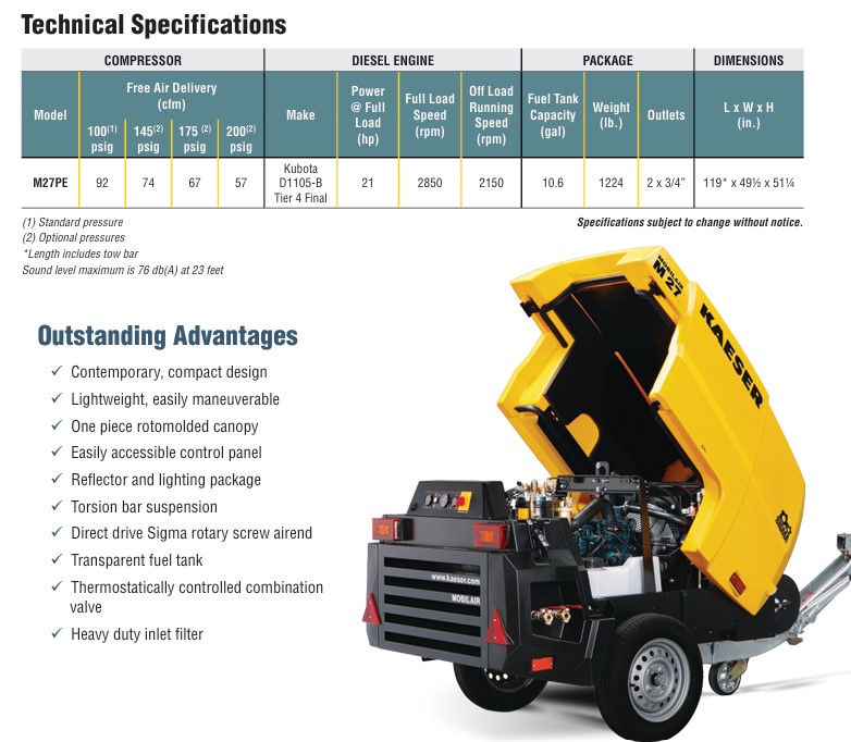 DIESEL AIR COMPRESSOR, M27PE, KAESER, MODEL M27PE, PORTABLE,  92 CFM, AIR COMPRESSOR, POWERED BY 21-HP, KUBOTA D1105-B  TIER 4 DIESEL ENGINE