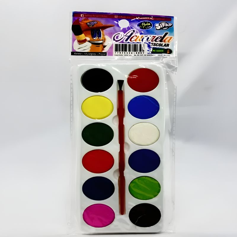 Acuarela escolar 12 colores con pincel