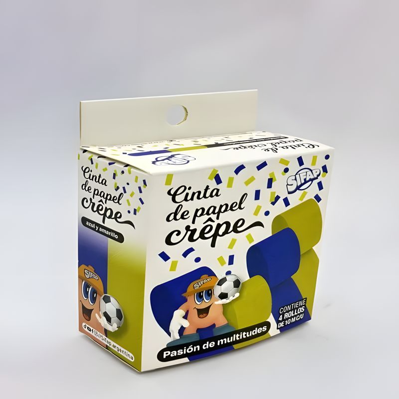 CINTAS DE PAPEL CREPE AZUL /AMARILLO &quot;PASIÓN DE MULTITUDES&quot; x  4 UDS