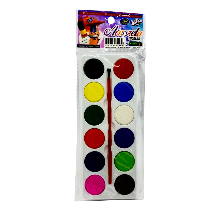 Acuarela escolar 12 colores con pincel