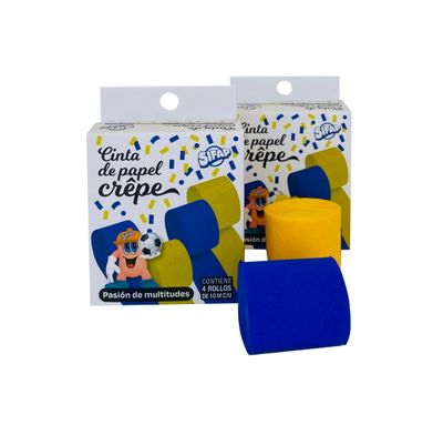 CINTAS DE PAPEL CREPE AZUL /AMARILLO &quot;PASIÓN DE MULTITUDES&quot; x  4 UDS