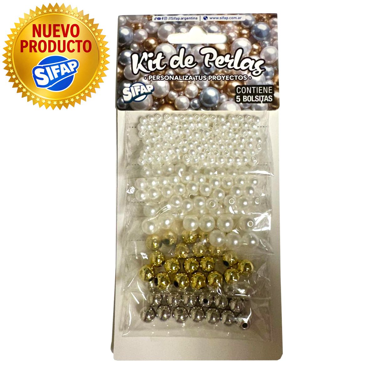 KIT de PERLAS x 5 Bolsitas (Blanca / oro / plata)