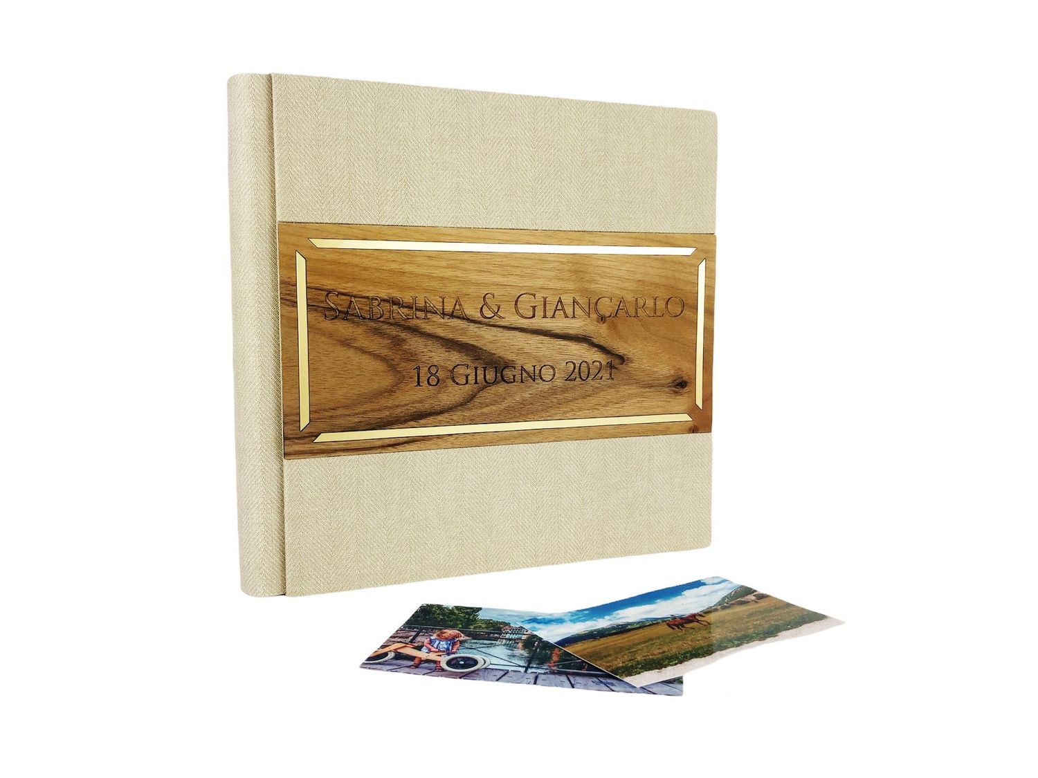 Album Fotografico - DAMON FASCIA - Ecopelle con legno Noce Nazionale e inserti in Plex (Personalizzabile)